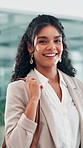 Face, smile and walking with business woman in lobby of office for start of career or job. Corporate, internship and opportunity with happy employee in workplace hallway for professional development