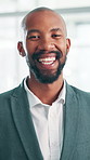 Happy, confident and face of black man in office with finance career growth for business. Smile, professional and portrait of African male investment banker from Kenya with pride in workplace.