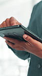 Hands, tablet and scroll at office with notes, review and notification at finance agency. Business person, click and digital touchscreen with application, typing and contact for deal at company