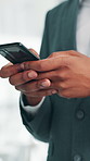 Hands, phone and scroll at office with contact, review and check notification at finance agency. Business person, click and smartphone with mobile app, typing and social media on break at company