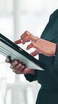 Business, hands or woman with tablet in office for financial report, revenue proposal or reading investment feedback. Closeup, employee or scroll on digital app for company account review or research