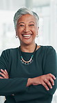 Happy, crossed arms and face of mature businesswoman in office with confidence for finance career. Laughing, professional and portrait of female investment banker from Brazil with pride in workplace.