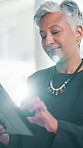 Business, internet and woman in office, tablet and email with social media, accounting and investment. Mature person, economy expert and employee in workplace, tech or app for trading or stock market