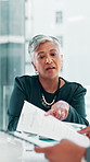 Mature, contract or businesswoman in meeting with portfolio for teamwork, offer or investment. Negotiation, documents or financial advisor talking for project plan, budget growth or risk management