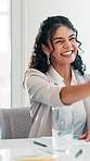 Excited businesswoman, handshake or clapping for financial achievement, milestone or profit growth. Applause, happy investor or shaking hands for success, goal and well done for investment agreement