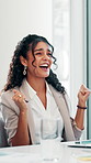 Woman, fist pump and happy at meeting with celebration, motivation or achievement for profit growth at company. Person, excited and applause with cheers, goals and revenue increase at finance agency
