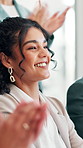Excited businesswoman, congratulations or applause for financial achievement, milestone or profit. Promotion meeting, reward or clapping for success, good news or well done for investment agreement