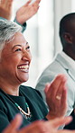 Mature businesswoman, congratulations or applause in presentation for financial achievement or milestone. People, reward or clapping in meeting for goals success, good news and investment agreement