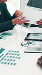 Business people, meeting or hands with documents for charts results, teamwork and graphs for revenue. Closeup, tablet and financial analysts with calendar for planning for growth report or sales data