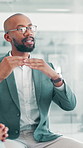 Man, talking and meeting for business in office, sales proposal and brainstorming for finance. Discussion, planning and worker with investment solution, strategy and explain idea to corporate team
