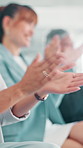Business people, hands or meeting with applause for seminar, workshop or presentation at office. Closeup, group audience or employees clapping in row for well done, good job or thank you at workplace