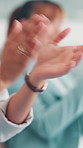 Business people, hands or meeting with applause for presentation, workshop or seminar at office. Closeup, group audience or employees clapping in row for well done, good job or thank you at workplace