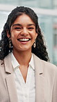 Happy, professional and face of businesswoman in office with confidence for finance career growth. Smile, about us and portrait of female investment banker from Brazil with pride in workplace.