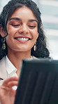 Business woman, tablet and smile at office with typing, review and notification at finance agency. Person, happy and digital touchscreen with application, scroll and contact for deal at company