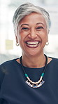 Mature, happy woman and face with business plan for creative design, strategy or brainstorming at office. Portrait, female person or executive with smile or necklace for company review or development
