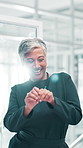 Happy, business and woman dancing in office for success, celebration and applause for promotion. Smile, mature person and team with energy, movement and party for achievement, bonus and corporate win