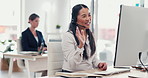 Happy woman, consultant and wave with headset for video call or online communication at office. Female person, agent or virtual assistant with mic on computer for CRM, advice or help at workplace