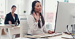 Business woman, consultant and wave with headset for video call or online communication at office. Female person, agent or virtual assistant with mic on computer for CRM, advice or help at workplace