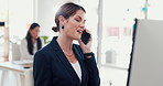 Business, phone call and woman in workplace, conversation and financial advice for budget report. Person, accounting and tax specialist with cellphone, communication and payment plan with b2b deal