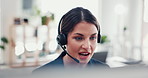 Business woman, agent and talking with headset for online communication at call center desk. Female person, consultant or virtual assistant with mic on computer for CRM, advice or help at workplace
