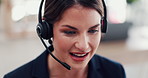 Happy woman, consultant and talking with headset for online communication at call center business. Female person, agent or virtual assistant with mic on computer for CRM, advice or help at workplace