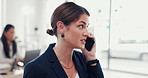 Business, phone call and woman in office, talking and financial firm with budget report. Person, accounting or employee with cellphone, connection or payment plan with negotiation for investment deal