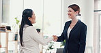 Happy, business women or meeting with handshake for introduction, welcome or greeting at office. Female people, employer or intern shaking hands for hiring, recruiting or job opportunity at workplace