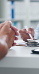 Medical consultant, patient and clipboard with documents for health insurance, treatment plan or personal information. Medicine, professional and hands of old person at clinic for healthcare checkup