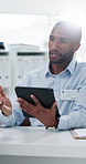 Doctor, consulting and tablet with old man in office for cancer screening, xray analysis or patient medical history. Healthcare test report, biopsy results and digital mri scan with people in clinic