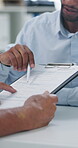 Healthcare consultant, patient and clipboard with paperwork for medical aid, health insurance or hospital service. Medicine, professional and hands of old person at clinic for consultation or checkup