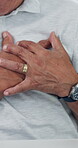 Heart attack, hands and medical with chest of old man for emergency, high blood pressure and pain risk. Cardiac arrest, stroke and healthcare crisis with closeup of senior person for hypertension
