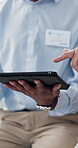 Browsing, hands and doctor with patient, tablet and explaining results of test, review and talking. Hospital, medical professional and people with tech for digital records, conversation and diagnosis