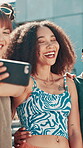 City, group and friends with selfie for fashion, trendy clothes and confidence with sunglasses for post. Pout, people and women with photography for style, bonding and profile picture on social media