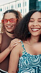 Outdoor, face and women with selfie, hangout and bonding on reunion in city, picture and social media. Happiness, friends and people with smile for photography, fashion influencer or excited for post