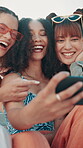 City, laughing and friends with selfie for fashion, trendy clothes or confidence with sunglasses for post. Smile, joke and women with photography for style, bonding or profile picture on social media