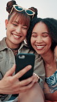 Girl, friends and laughing with phone outdoor for social media meme, online gossip and reading funny post. Gen z people, relax and happy with smartphone for comedy video, bonding or internet browsing