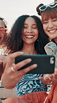 Fashion, laughing and friends with selfie in city, trendy clothes and funny with sunglasses for post. Outdoor, joke and women with photography for style, bonding and profile picture on social media