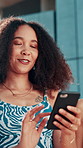 happy, phone and women in city walking for travel, holiday and adventure on weekend together. Fashion, talking and friends on smartphone for social media, internet and online connection in town