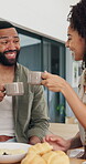 Breakfast, love and cheers with couple and coffee in dining room for nutrition, bonding or wellness. Food, support and toast with man and woman eating at home together for brunch, drink and snack