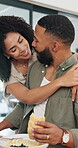 Breakfast, love and health with hug with couple in dining room for nutrition, bonding or wellness. Food, support and croissant with man and woman eating at home together for brunch and snack