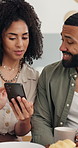 Breakfast, phone and couple talking in home for social media post, show app and video on food blog. Mobile, happy man and woman with morning meal, coffee and scroll website with news on internet