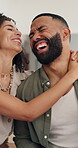 Love, laughing and hug with couple and selfie for social media, memory and bonding. Support, funny and romance with man and woman at home with picture for photography, relationship and date together
