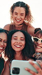Outdoor, friends and laughing with selfie for fashion, trendy clothes and funny with sunglasses for post. City, blow kiss and women with photography for style, bonding and picture for social media