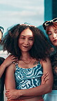 City, smile and face of friends for fashion, trendy clothes and group of people with sunglasses. Confidence, women and gen z attitude in portrait for stylish outfit, bonding and cosmetics in New York
