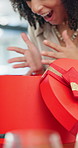 Happy woman, hands and gift box with surprise for present, valentines day or anniversary at home. Closeup, excited or female person with red ribbon or container for prize, romantic gesture or offer