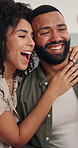 Happy, hug and couple in home with smile for selfie for bonding, relationship and affection. Dating, love and man and woman pose for photo for profile picture, memory and together in living room