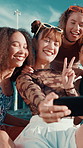Fashion, peace sign and women in city with selfie for emoji, holiday and adventure on weekend. Trendy style, profile picture and friends on smartphone for social media, online post and memory in town