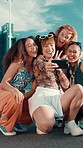 Fashion, peace sign and friends in city with selfie for bonding, holiday and adventure on weekend. Happy, profile picture and women in trendy style for social media, online post and memory in town