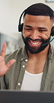 Happy man, wave and video call with headset on laptop for online communication or advice at home. Businessman, agent or remote consultant talking with computer for help or virtual assistance at house