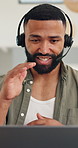 Businessman, consultant and talking with headset on laptop for online communication or advice at home. Man, agent or remote worker speaking with computer for app, help or virtual assistance at house